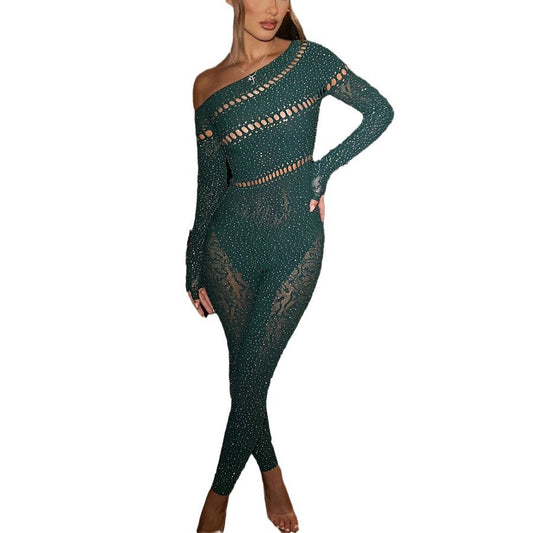 One-piece Long Sleeves Hot Rhinestone Shiny Fishnet Clothes Lingerie