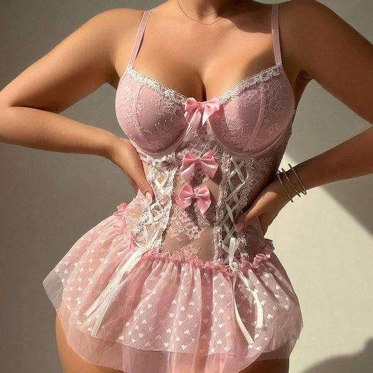 Elegant , couple experience Steel Ring Push Up Temptation Transparent Mesh Bow One-piece Lingerie