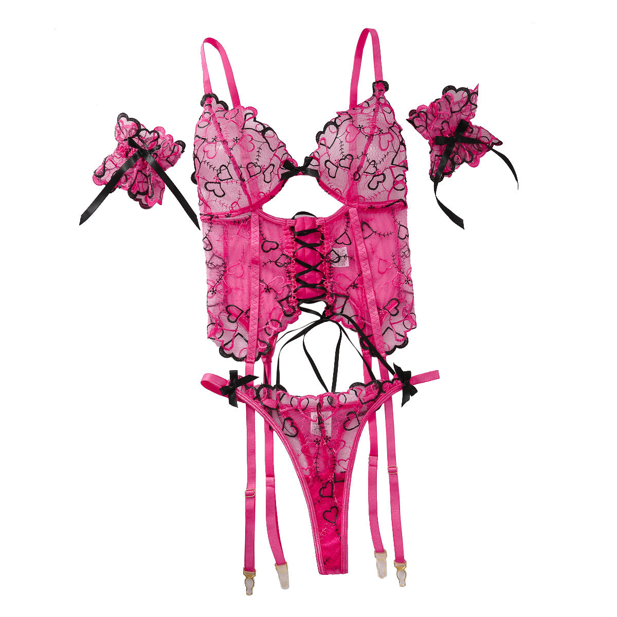 Women's Lightweight Lace-up Love Embroidered Underwear Three-piece Suit