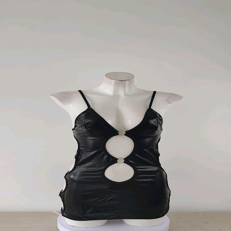 luxury leatherLingerie ,Black Patent Leather Halter Hollow-out Dress Game Outfit