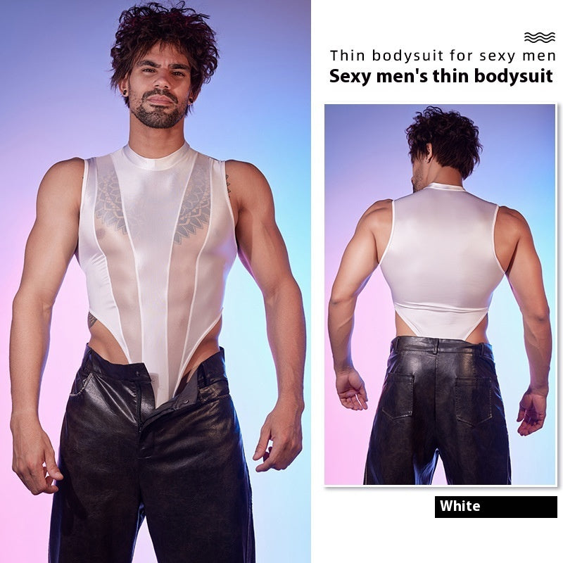 High Elastic Lightweight Stitching Body Shaping See-through , Night Men Jumpsuit