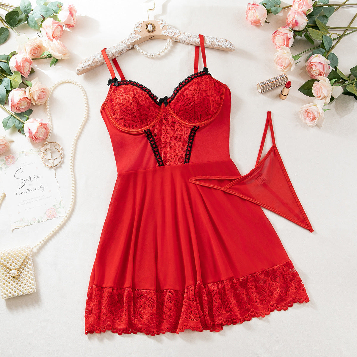 Elegant , couple experience Lingerie Nightdress Lace Stitching Lace Body Shaping Lingerie Three-piece Set