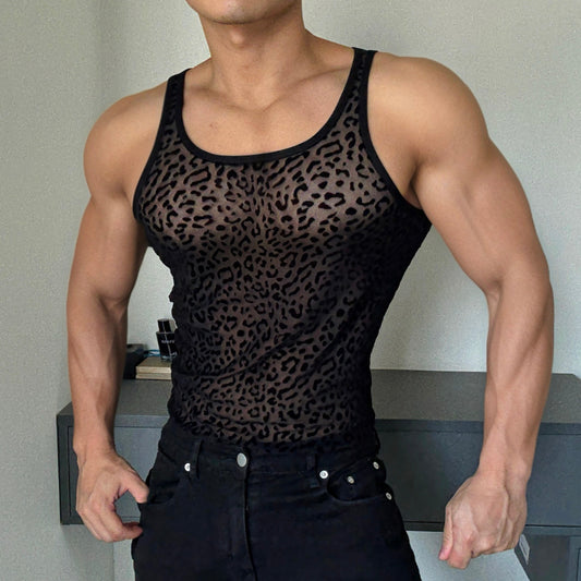 Men's Leopard Print Cutout See-Through Vest - Breathable Disco Sleeveless T-Shirt