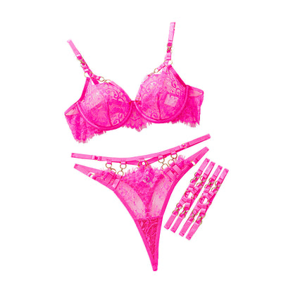 Lace Bra Set Push Up Steel Ring Hollow Lingerie Underwear Three-piece Set