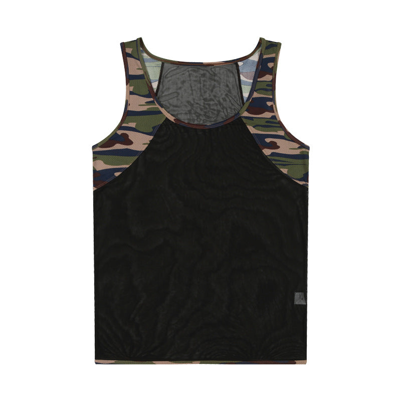 Men's Camouflage Mesh Yoga Shirt - Color Block Stretch Breathable Athletic Top