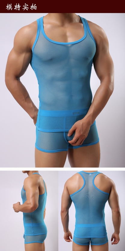 Elegant , couple experience Transparent Cutout Mesh Men's Underwear Mesh Style For Sports Hurdles Vest Shorts Set