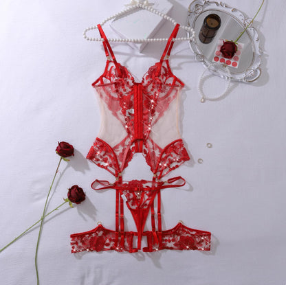 Gem Decoration Heavy Craft Rose Embroidered Slim Shaping Underwear Split Suit