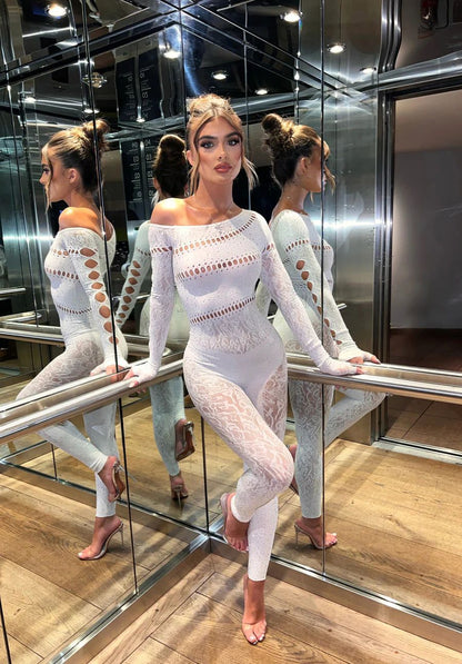 One-piece Long Sleeves Hot Rhinestone Shiny Fishnet Clothes Lingerie