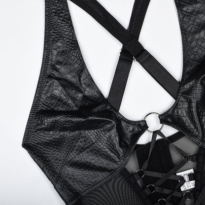 High Quality Fabric Leather Splicing Mesh Lace Up Cross Halter Underwear Suit