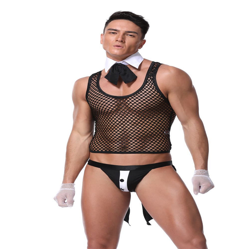 Black Patent Leather Mesh Stitching Men's   İntimate wellness Underwear Suit