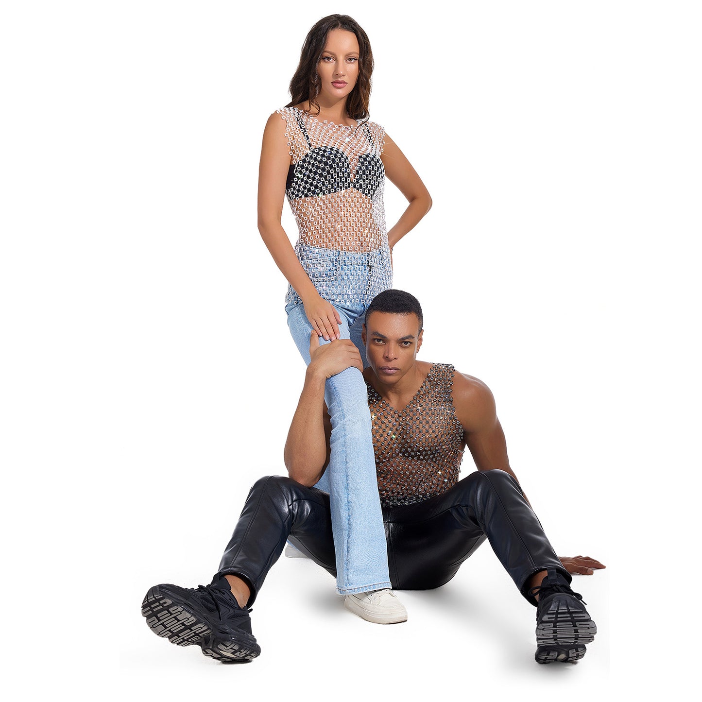 Men's Round Neck Rhinestone Sheer Top - Intimate Wellness Bottoming Shirt