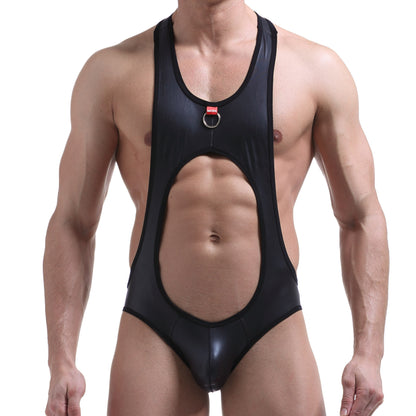 Hanging hoop patent leather strap underwear wrestling suit