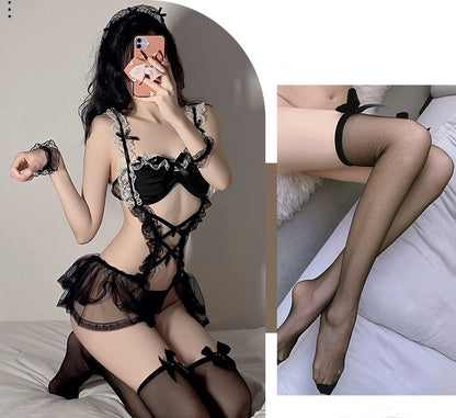 Elegant ,Black Silk Maid  Underwear Suit