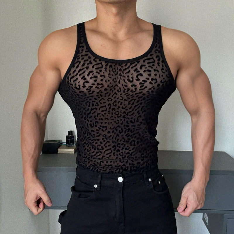 Men's Leopard Print Cutout See-Through Vest - Breathable Disco Sleeveless T-Shirt