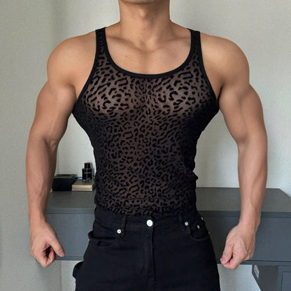 Men's Leopard Print Cutout See-Through Vest - Breathable Disco Sleeveless T-Shirt
