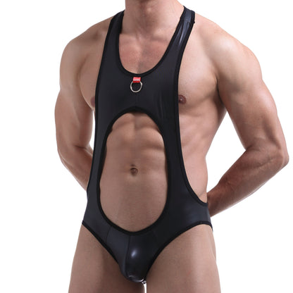 Hanging hoop patent leather strap underwear wrestling suit