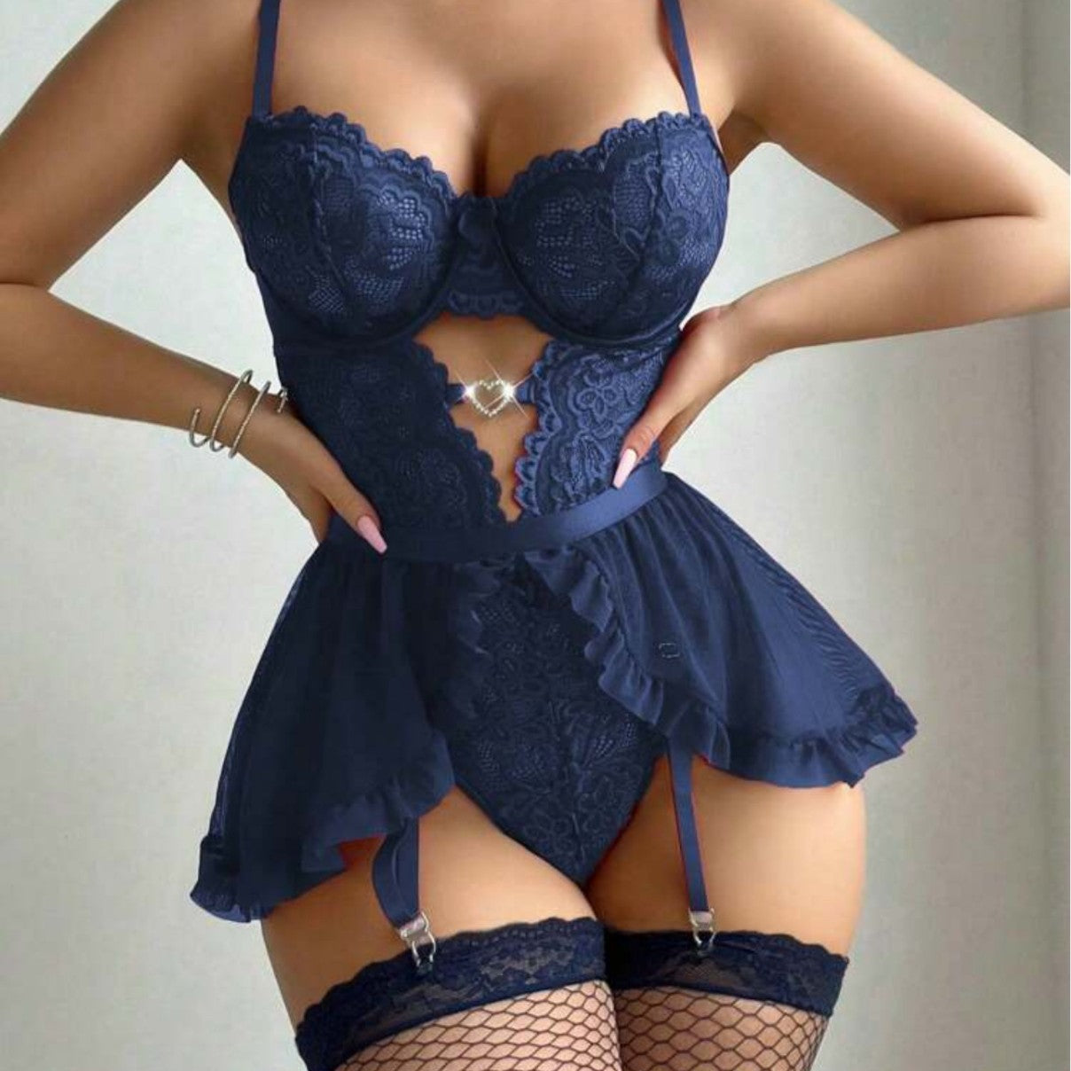 European And American Women's Clothing Sexy Rhinestone Stitching Lace Jumpsuit