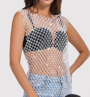 Men's Round Neck Rhinestone Sheer Top - Intimate Wellness Bottoming Shirt