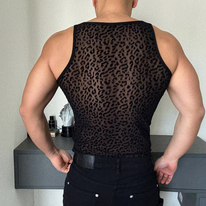 Men's Leopard Print Cutout See-Through Vest - Breathable Disco Sleeveless T-Shirt