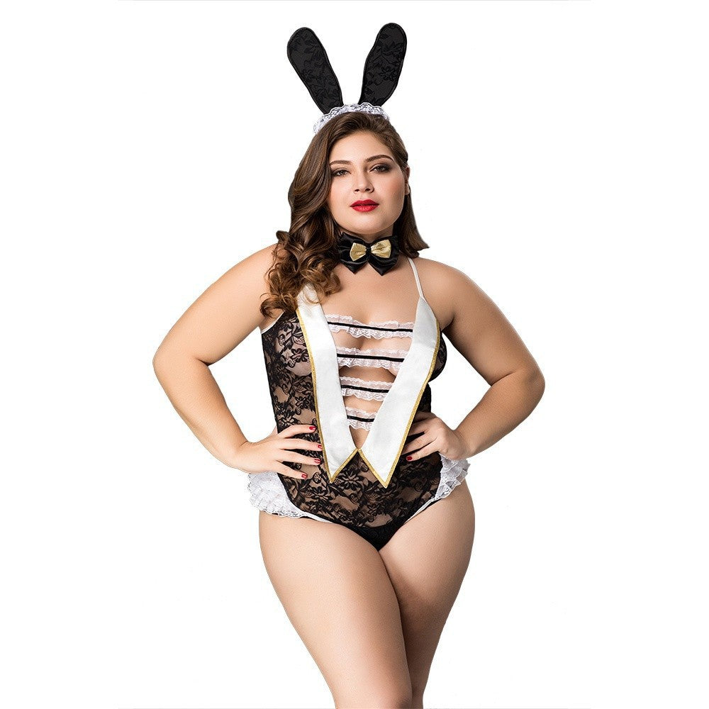rabbit Transparent bodysuit deep V hollow  underwear Elegant , couple experience