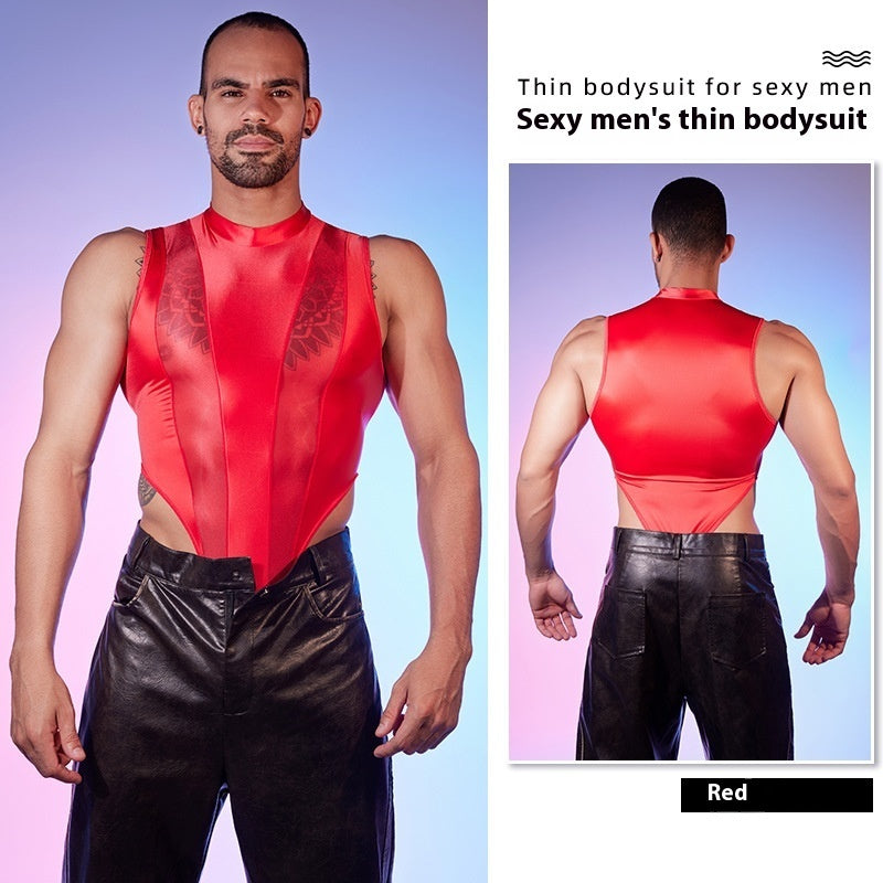 High Elastic Lightweight Stitching Body Shaping See-through , Night Men Jumpsuit
