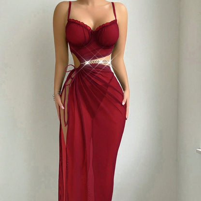Halter Midriff-baring Top With Slit Skirt  Lingerie For Women Elegant , couple experience