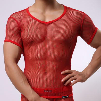 Large Mesh Short Sleeve Men's Underwear Foreign Trade Supply Wear Yoga Bodybuilding Shirt Thin Breathable Men's Short Sleeve