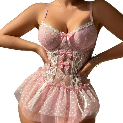 Elegant , couple experience  Steel Ring Push Up Temptation Transparent Mesh Bow One-piece Lingerie