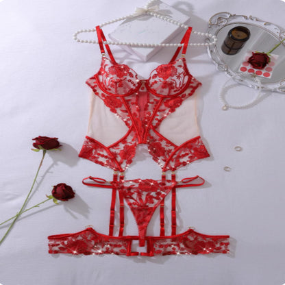 Gem Decoration Heavy Craft Rose Embroidered Slim Shaping Underwear Split Suit
