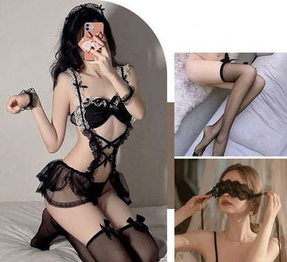 Elegant ,Black Silk Maid  Underwear Suit
