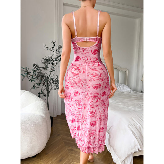 Rose Print See-through Dress T Back   İntimate wellness Underwear Two-piece