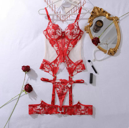 Gem Decoration Heavy Craft Rose Embroidered Slim Shaping Underwear Split Suit