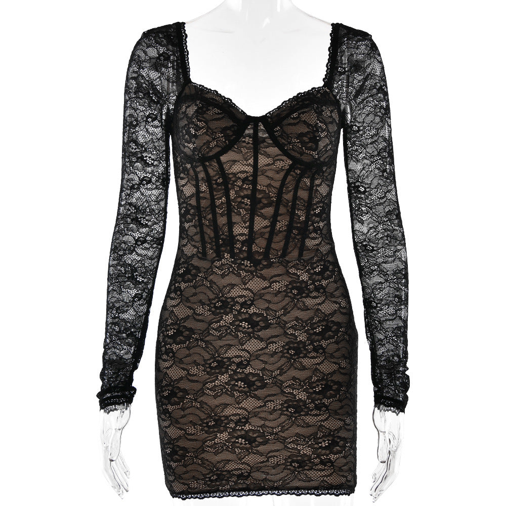 V-neck Long Sleeve Lace Dress underwear, elegant