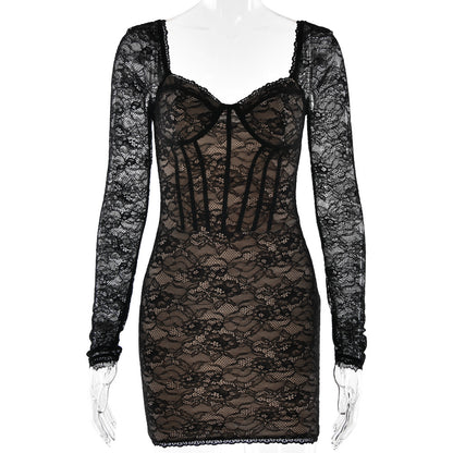V-neck Long Sleeve Lace Dress underwear, elegant