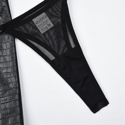 High Quality Fabric Leather Splicing Mesh Lace Up Cross Halter Underwear Suit