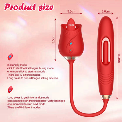 G-Spot Wellness Device - Rose Double-Head Tongue Licking Massager, 10 Suction And Percussion Modes, 3-in-1