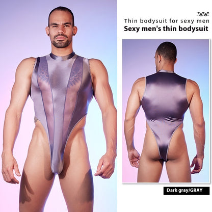 High Elastic Lightweight Stitching Body Shaping See-through , Night Men Jumpsuit