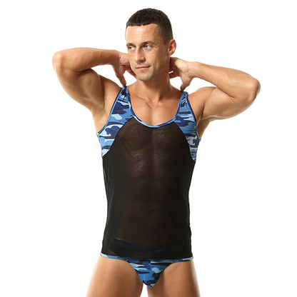 Men's Camouflage Mesh Yoga Shirt - Color Block Stretch Breathable Athletic Top