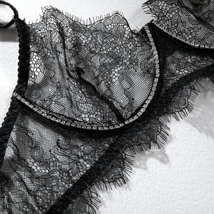 Underwear Lace See-through Push Up Rhinestone Four-piece Set