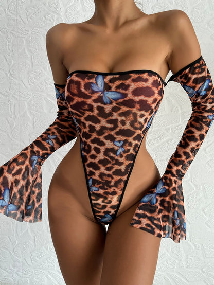 Women's Off-shoulder Long Sleeve One-piece Leopard Print Underwear