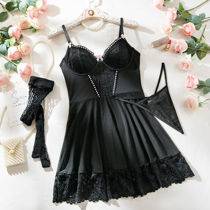 Elegant , couple experience Lingerie Nightdress Lace Stitching Lace Body Shaping Lingerie Three-piece Set