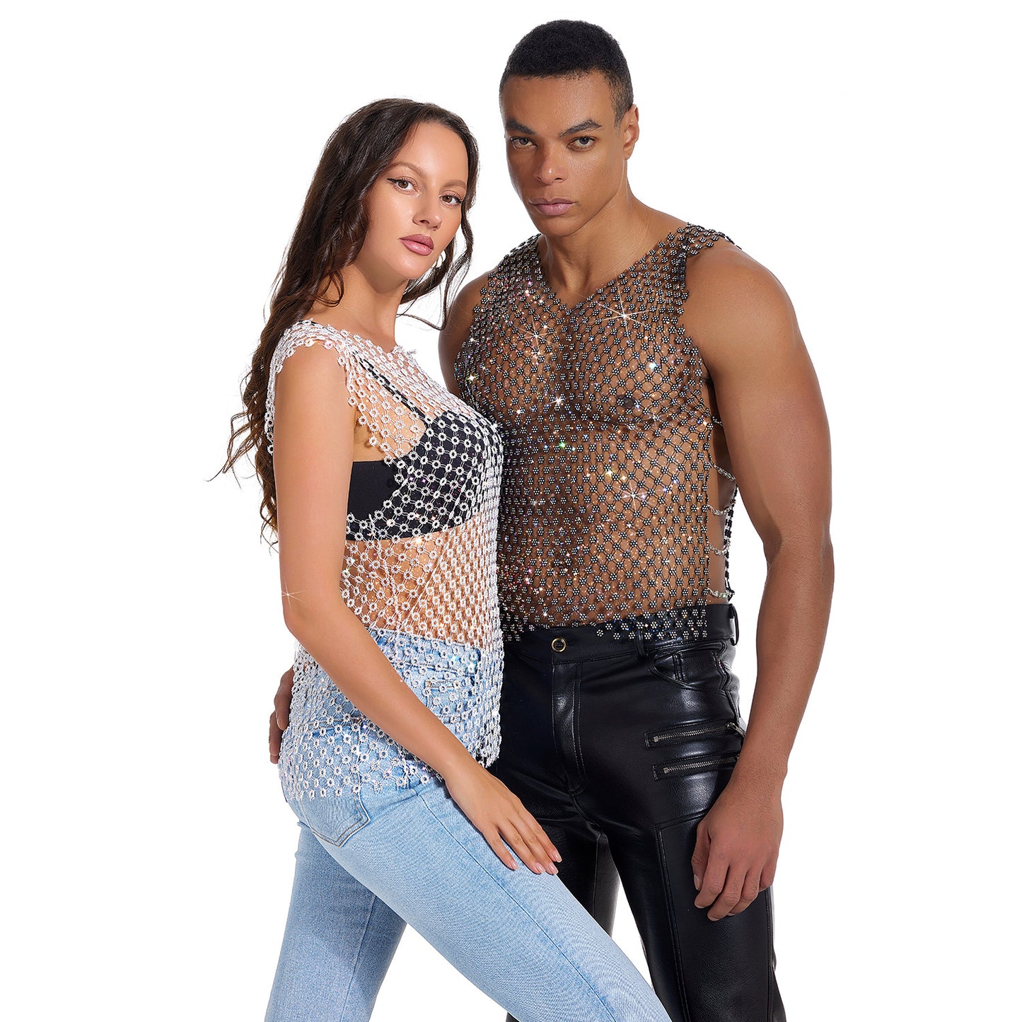 Men's Round Neck Rhinestone Sheer Top - Intimate Wellness Bottoming Shirt