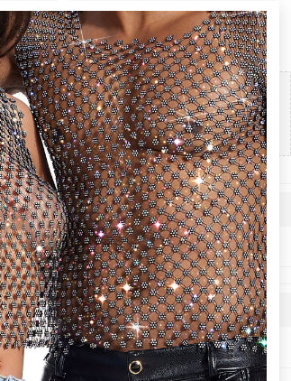 Men's Round Neck Rhinestone Sheer Top - Intimate Wellness Bottoming Shirt