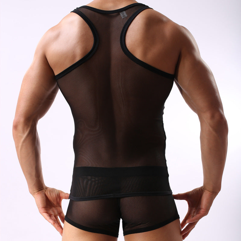 Elegant , couple experience Transparent Cutout Mesh Men's Underwear Mesh Style For Sports Hurdles Vest Shorts Set