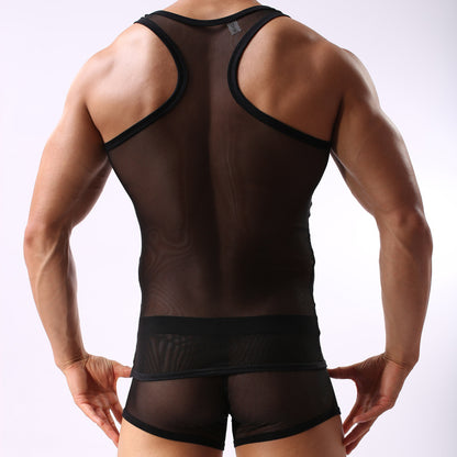 Elegant , couple experience Transparent Cutout Mesh Men's Underwear Mesh Style For Sports Hurdles Vest Shorts Set
