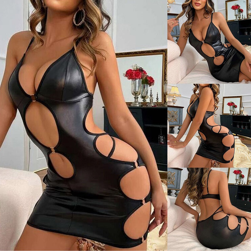 luxury leatherLingerie ,Black Patent Leather Halter Hollow-out Dress Game Outfit