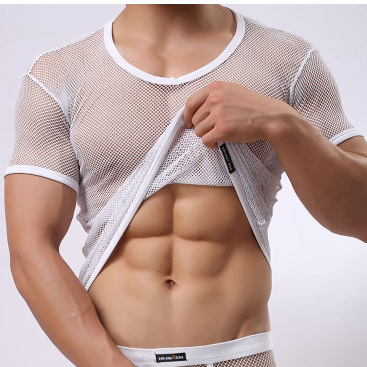 Large Mesh Short Sleeve Men's Underwear Foreign Trade Supply Wear Yoga Bodybuilding Shirt Thin Breathable Men's Short Sleeve