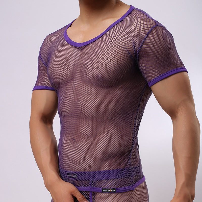 Large Mesh Short Sleeve Men's Underwear Foreign Trade Supply Wear Yoga Bodybuilding Shirt Thin Breathable Men's Short Sleeve