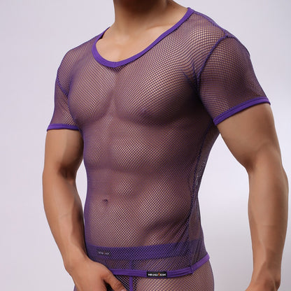 Large Mesh Short Sleeve Men's Underwear Foreign Trade Supply Wear Yoga Bodybuilding Shirt Thin Breathable Men's Short Sleeve