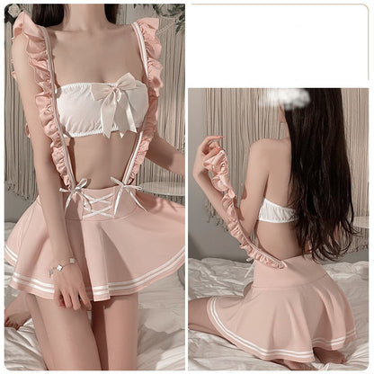 Underwear  Wipe Chest Student Clothes  Short Waist Showing Temptation Pleated Skirt Uniform, Elegant , couple experience